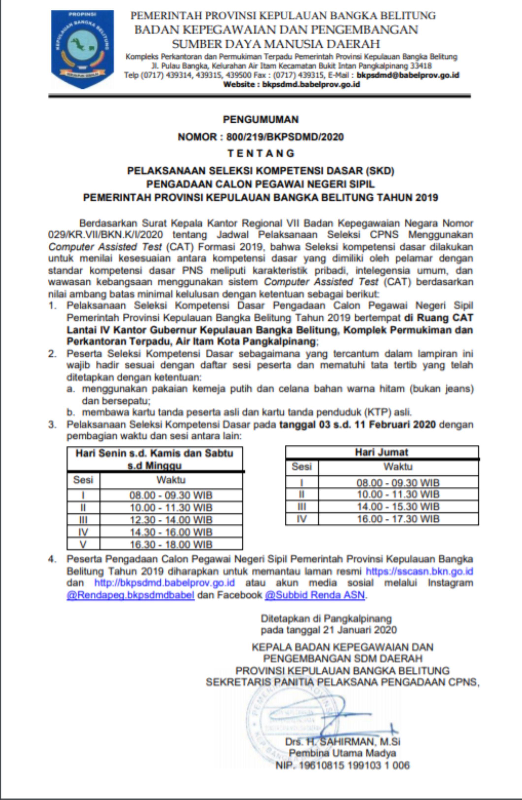 Seleksi Kompetensi Dasar Pengadaan CPNS Pemprov. Babel 2019. Ini Ketentuannya!